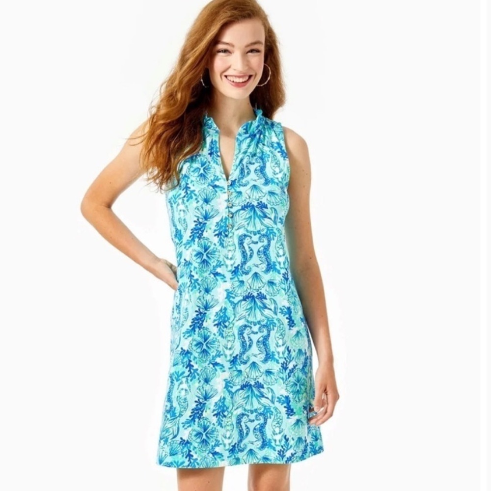 LILLY PULITZER | Azlynn Ruffle Collar Button Sea
Glass Aqua Seeing Double Dress